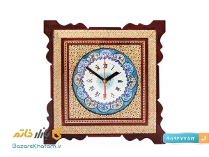 ساعت دیواری مربع میناکاری و خاتم کاری شده