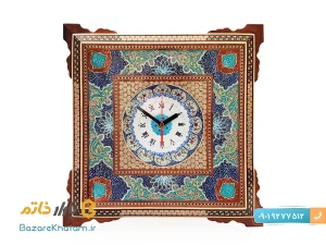 ساعت دیواری میناکاری با قاب خاتم کاری مربع