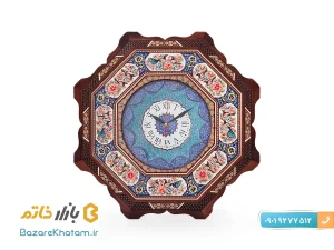 ساعت هشت گوش خاتم کاری گوشته دار طرح گل و مرغ