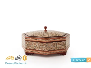 شکلات خوری خاتم کاری ۸ گوش درب دار سایز متوسط